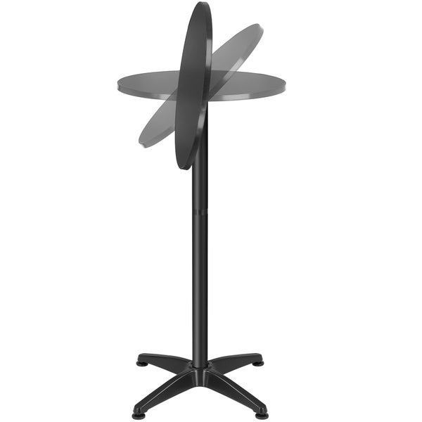 Klappbarer runder Stehtisch mit Mittelsäule und Vierfußgestell, die Tischplatte ist schwenkbar.