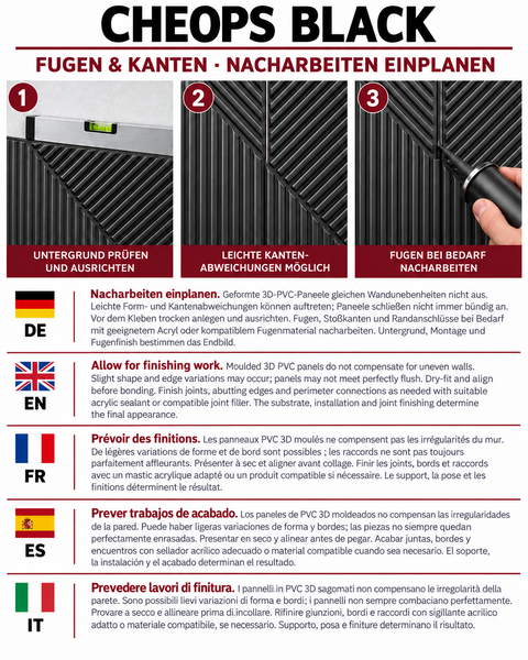 Infografik zur Montage von Cheops Black 3D Wandpaneelen mit Tipps zur Fugenbearbeitung und Ausrichtung.