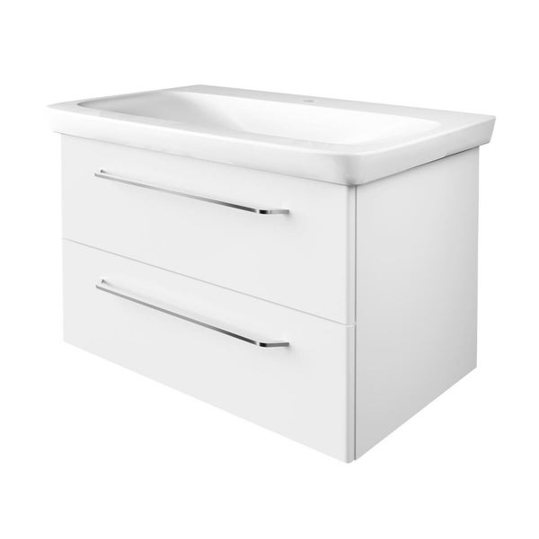 FACKELMANN MILANO Badmöbel Set 2-teilig, Waschbecken aus Keramik, Waschbeckenunterschrank mit 2 Schubladen in Weiß, verchromte Griffe, hängend, 90 cm breit