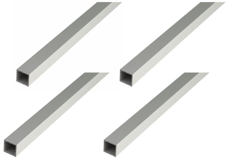 Vier Aluminium Vierkantrohre als Profil für den Bau und Heimwerkerbedarf.