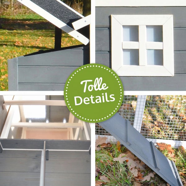 Detailansichten eines grau-weißen Kleintierstalls aus Holz mit aufklappbarem Dach, Fenster, Sitzstange und Rampe zum Drahtgehege.