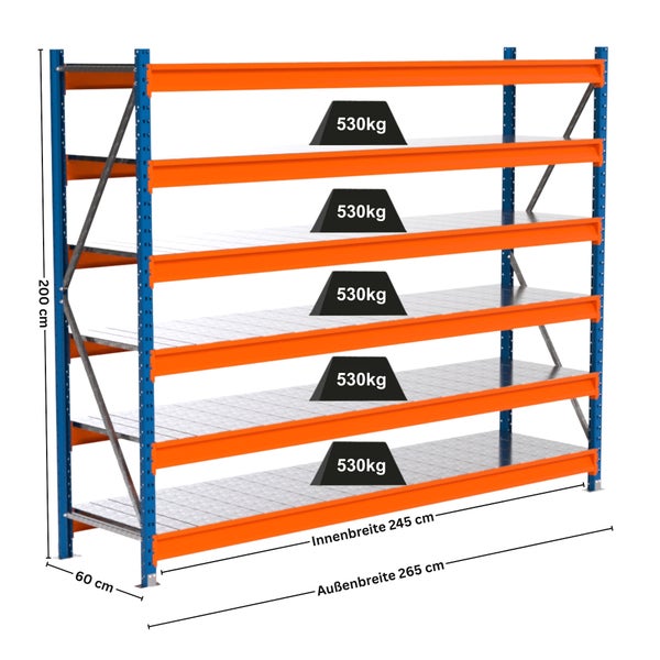 Lagerregal mit fünf Ebenen und einer Traglast von 530 Kilogramm pro Ebene, Maße: 200 cm Höhe, 265 cm Außenbreite und 60 cm Tiefe