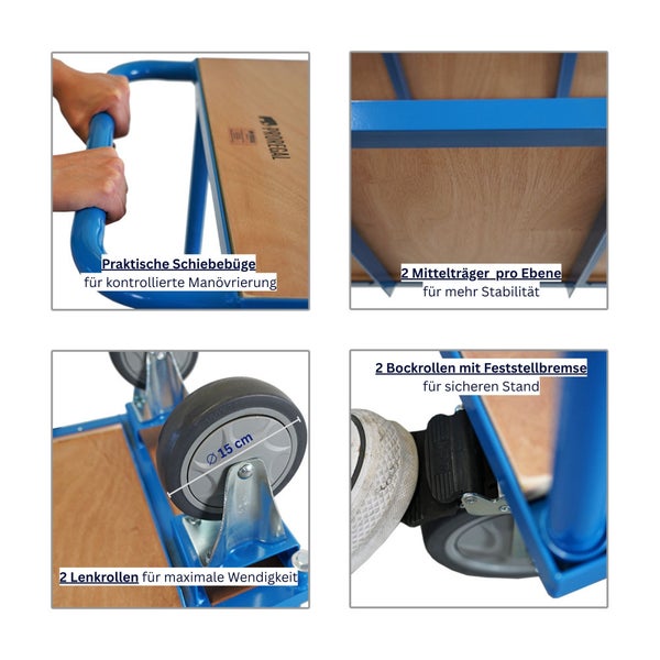 Detailansichten eines blauen Etagenwagens mit Holzplatte, Schiebebügel, zwei Lenkrollen, zwei Bockrollen mit Feststellbremse und Mittelträgern