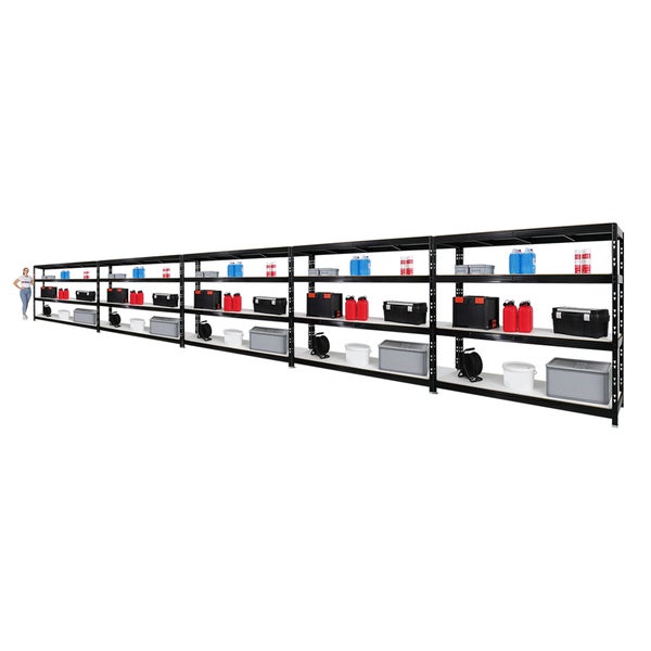 PROREGAL Mega Deal 5x Profi Schwerlastregal Rhino HxBxT 180 x 200 x 60 cm 4 Melamin-Ebenen 16mm Fachlast 500 kg Schwarz