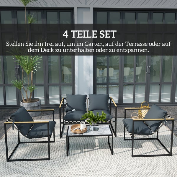 Outsunny Stahl Gartenmöbel Set 4 Personen wetterfest Balkonmöbel-Set mit 2er Sofa 2 Sessel, Sitzkissen, Beistelltisch, Outdoor Sitzgruppe Terrassenmöbel Gartengarnitur für Garten Terrasse Balkon Grau