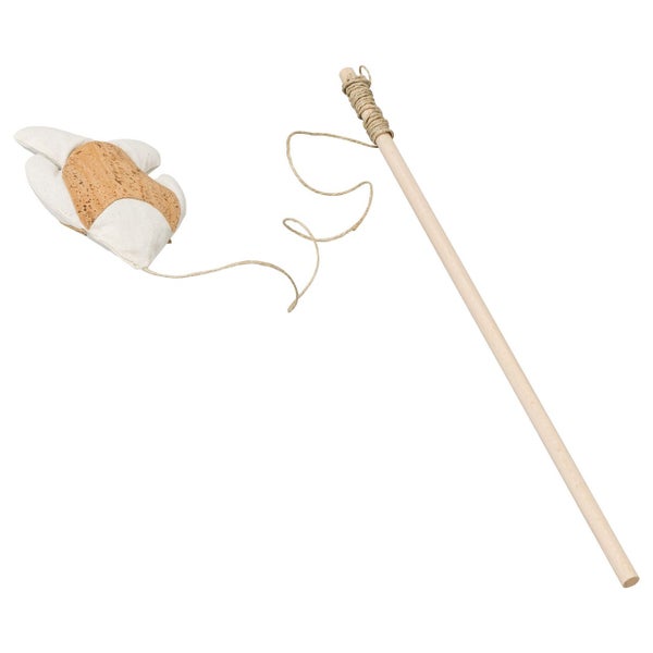 Katzenangel mit Holzstab, Kordel und Fisch-Spielzeug aus Stoff und Kork.