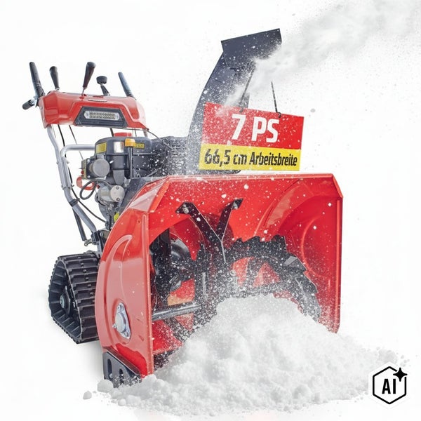 Schneefräse mit Raupenantrieb, 7 PS Motorleistung und 66,5 Zentimeter Arbeitsbreite beim Auswerfen von Schnee.