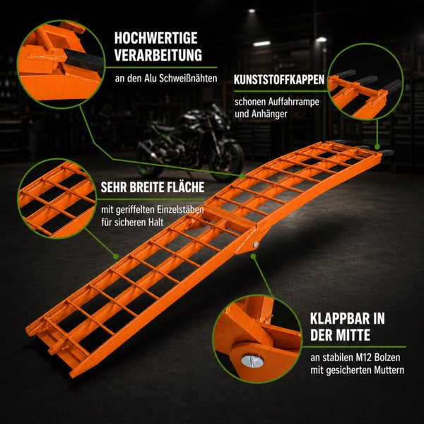Klappbare orange Motorrad Auffahrrampe aus Aluminium mit breiter, geriffelter Fläche, Kunststoffkappen und stabilen Gelenkbolzen.