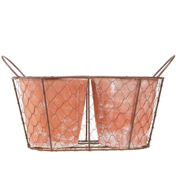 Dekorative Pflanzenkorb mit zwei Terrakotta Töpfen