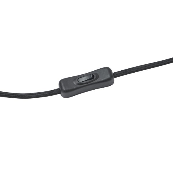 Schwarzer Schnurzwischenschalter mit Textilkabel.