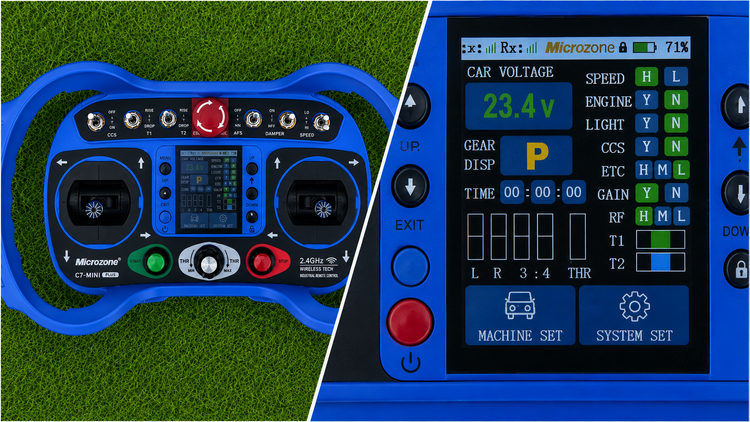 Industrielle Fernsteuerung Microzone C7-MINI PLUS mit zwei Joysticks, Kippschaltern, Not-Aus-Schalter und digitaler Anzeige für Maschinendaten.