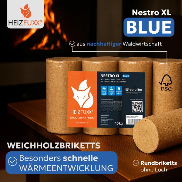 Heizfuxx Nestro XL Blue Holzbriketts aus Weichholz, 10 Kilogramm Packung, nachhaltige Forstwirtschaft, FSC zertifiziert, runde Form ohne Loch.
