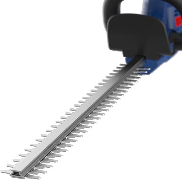 Heckenschere mit Metallmesser und Handschutz.