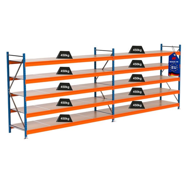 Lagerregal mit mehreren Ebenen und einer Traglast von 450 Kilogramm pro Ebene