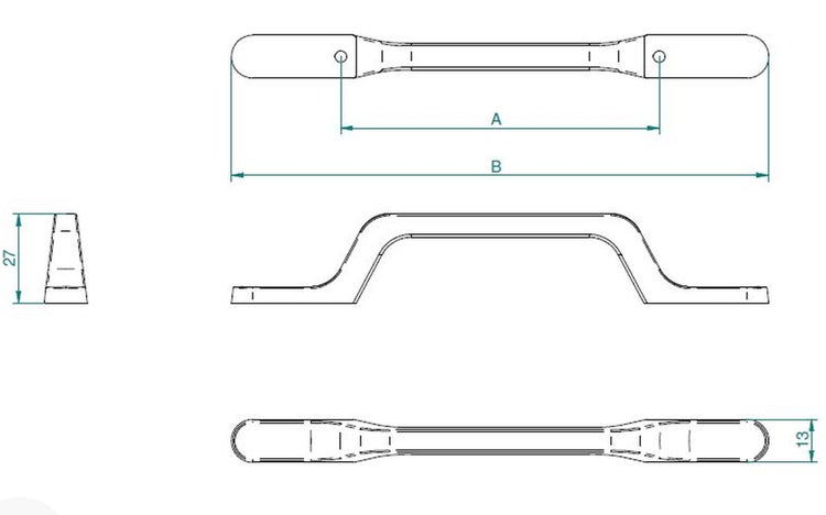 Technische Zeichnung eines Möbelgriffs mit Bemaßung für Montageabstand A und Gesamtlänge B.