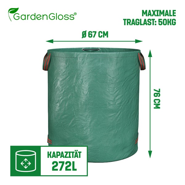 GardenGloss® 6X Gartenabfallsäcke mit Griffen - 272L Hohes Fassungsvermögen - UV-Stabil und Wasserabweisend - Wiederverwendbare und Stabile Gartensäcke