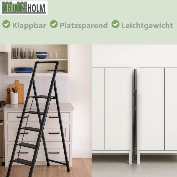 TrutzHolm Logo. Eine Trittleiter mit fünf Stufen ist aufgestellt und zusammengeklappt zu sehen. Eigenschaften: Klappbar, platzsparend, leichtgewichtig.