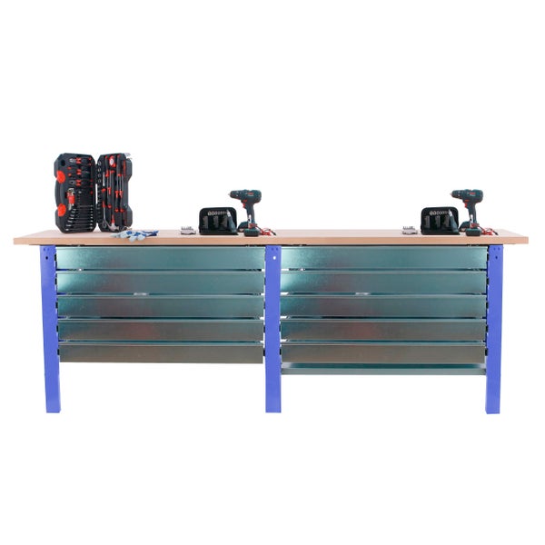 Werkbank BUFFALO WOOD mit 10x Schublade| HxBxT 86,5x260x75cm | Traglast 1000kg | Blau
