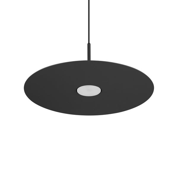 Moderne schwarze LED-Pendelleuchte mit flachem, kreisförmigem Schirm und weißem Diffusor in der Mitte.