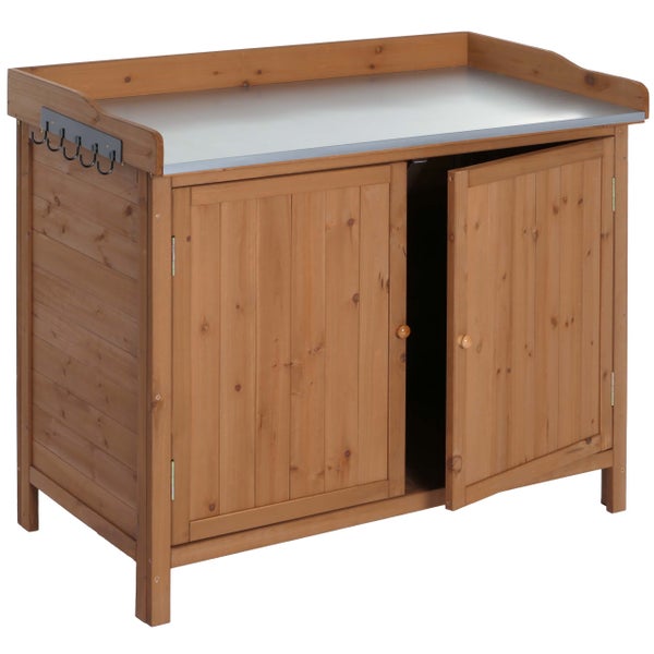 Gartentisch aus Holz mit Metallplatte und Schrankfächern