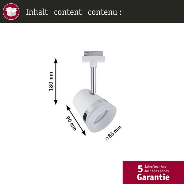 Strahler für Schienensystem, Höhe 180 Millimeter, Länge 90 Millimeter, Durchmesser 85 Millimeter. Fünf Jahre Garantie.