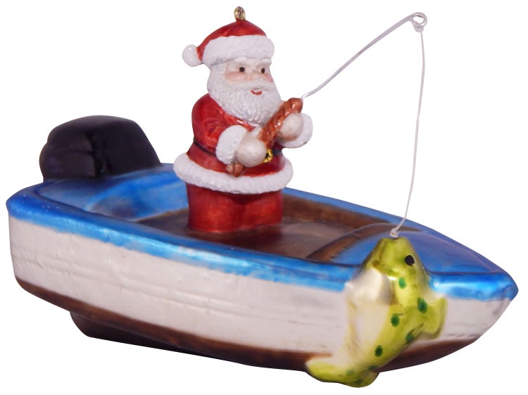 Fischerboot 8cm mit Weihnachtsmann, Glasornament, mundgeblasen und handekoriert, 1 Stck.