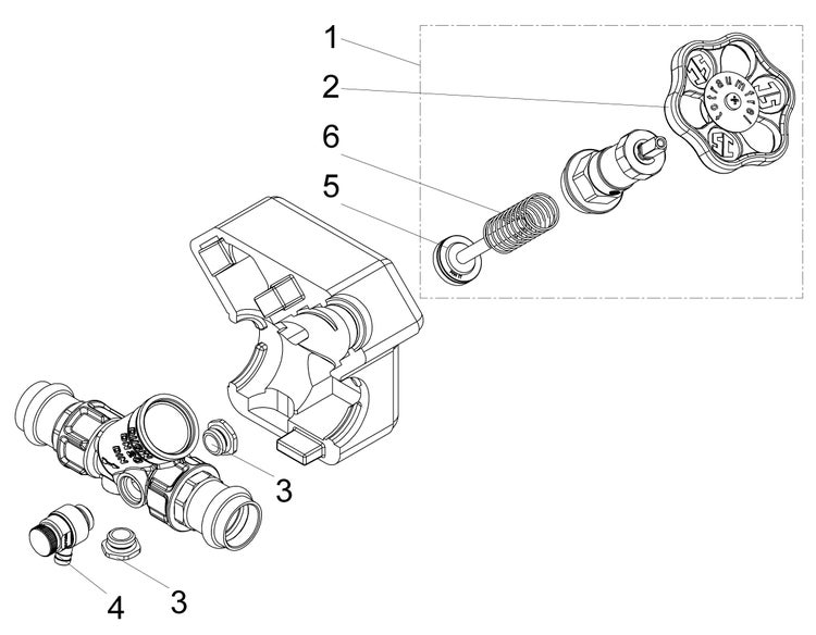 Technische Explosionszeichnung eines Ventils mit Handrad, Dämmschale und Ersatzteilen für die Wasserinstallation.