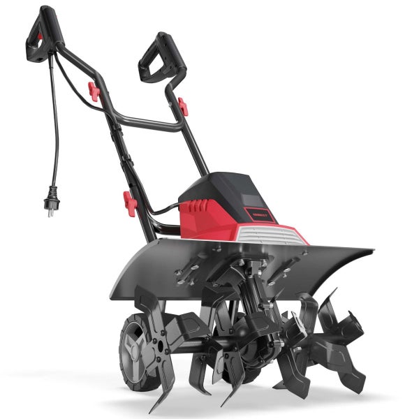 Elektro-Bodenhacke in Schwarz und Rot mit verstellbarem Holm, rotierenden Hackmessern aus Metall und Hinterrädern.