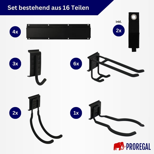 16 teiliges Werkstatt Ordnungssystem Set inklusive Wandleisten und verschiedenen Wandhaken für die Werkzeugaufbewahrung Proregal Logo