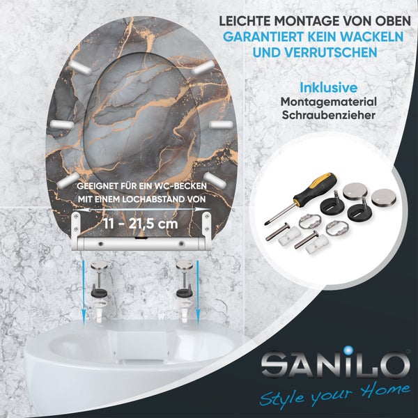 WC-Sitz mit Marmor-Optik, inklusive Montageset, einfache Montage von oben, passend für Lochabstände von 11 bis 21,5 Zentimeter. Sanilo Logo.