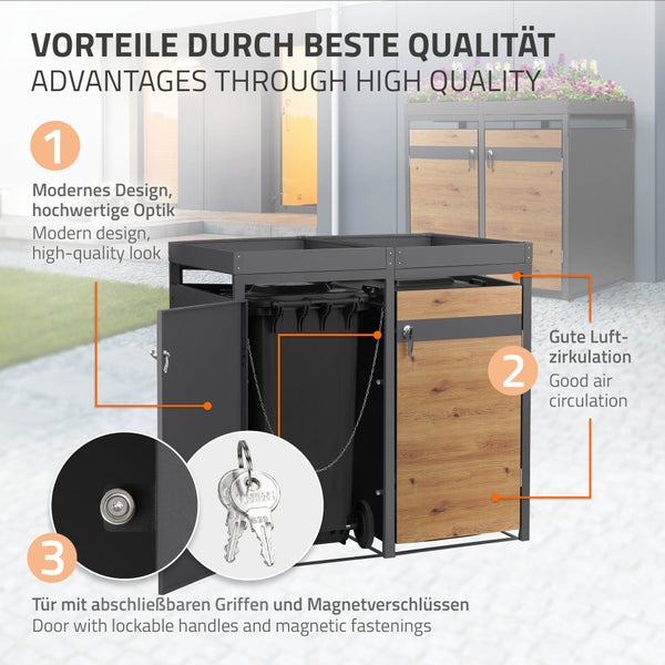 Infografik einer Mülltonnenbox für zwei Tonnen mit Design in Holzoptik, guter Luftzirkulation und abschließbaren Türen mit Magnetverschluss.