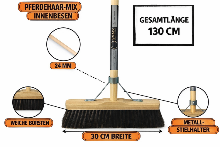 Innenbesen mit Pferdehaarmischung, 30 cm Breite, 130 cm Gesamtlänge und weichen Borsten