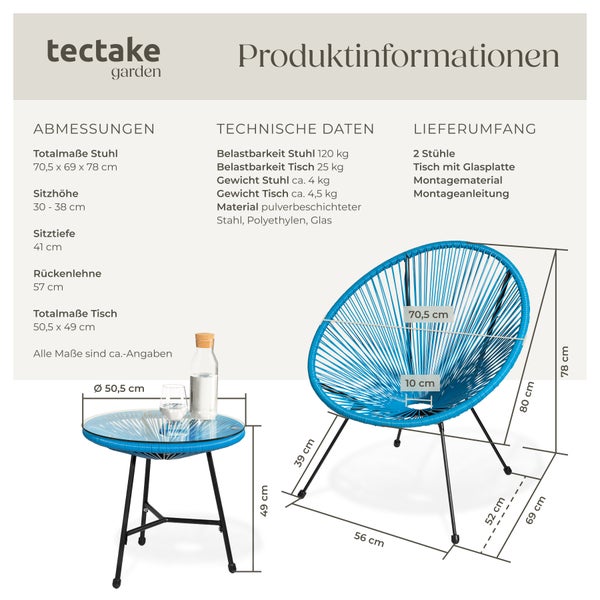 Produktinformationen Gartenset bestehend aus zwei Stühlen und einem Tisch der Marke tectake garden mit Maßangaben