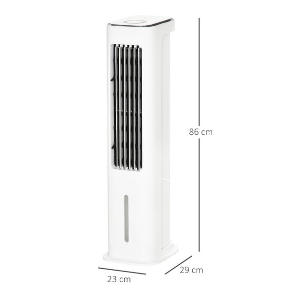 Weißer Turm-Luftkühler mit den Maßen 86 Zentimeter Höhe, 23 Zentimeter Breite und 29 Zentimeter Tiefe.