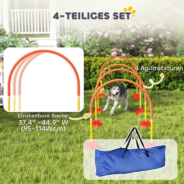4-teiliges Hunde Agility Set mit verstellbaren Bögen von 95 bis 114 Zentimeter auf einer Wiese inklusive Tasche. Ein Hund läuft hindurch.