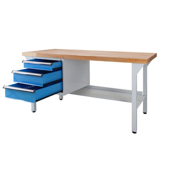 PROREGAL Werkbank Rhino Plus mit 3 Schubladen HxBxT 84 x 150 x 70 cm Traglast 500 kg Lichtgrau Blau