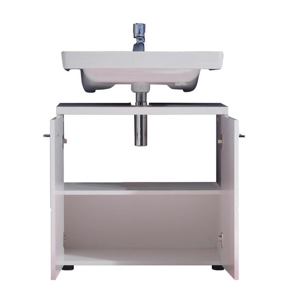 Waschplatz mit Keramik Waschbecken und offener Schrankkonstruktion inklusive Armatur und Siphon