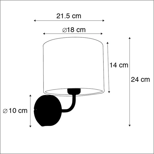 Technische Zeichnung einer Wandleuchte mit den Maßen 21,5 cm Breite, 18 cm Durchmesser des Lampenschirms, 14 cm Höhe des Lampenschirms, 24 cm Gesamthöhe und 10 cm Durchmesser der Wandhalterung.