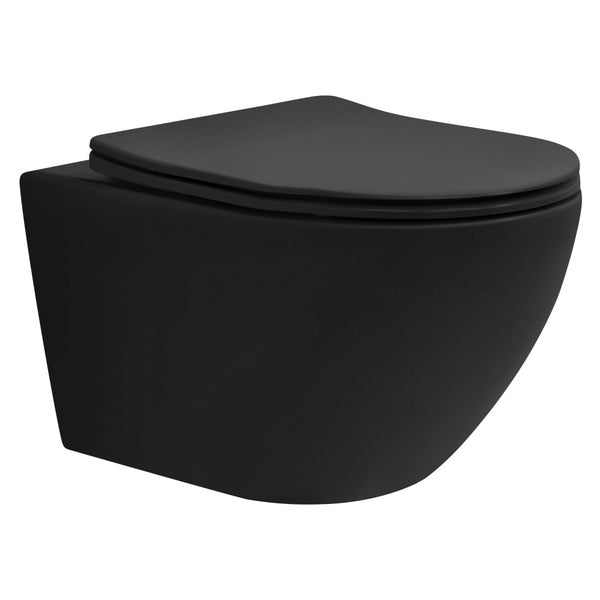 LuxeBath Wand WC Spülrandlos, Schwarz matt, Tiefspüler Keramik Hänge WC lang 53,5 cm, Toilette ohne Spülrand mit Nano Beschichtung, Tornadospülung, Kloschüssel Hängend mit WC-Sitz Absenkautomatik