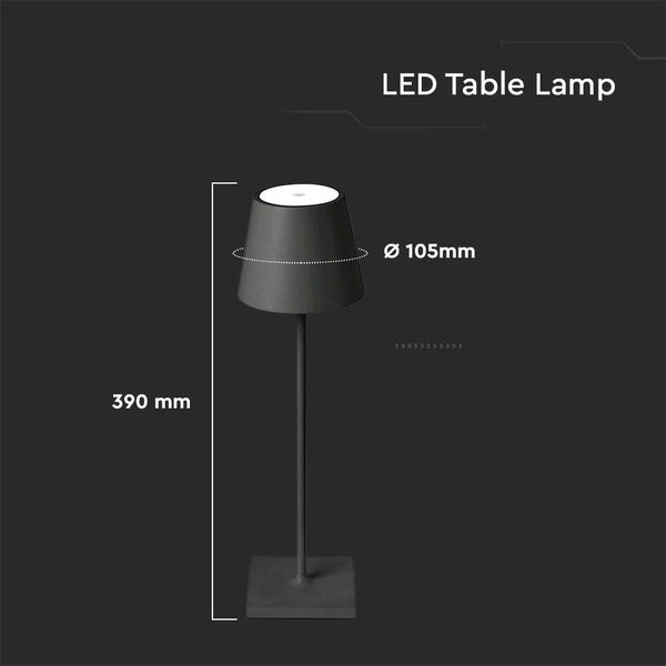 V-TAC VT-7703-B - Wiederaufladbare Black Table Lamps - Desk Lamps - IP20 - 3W - 60 Lumen - 4000K