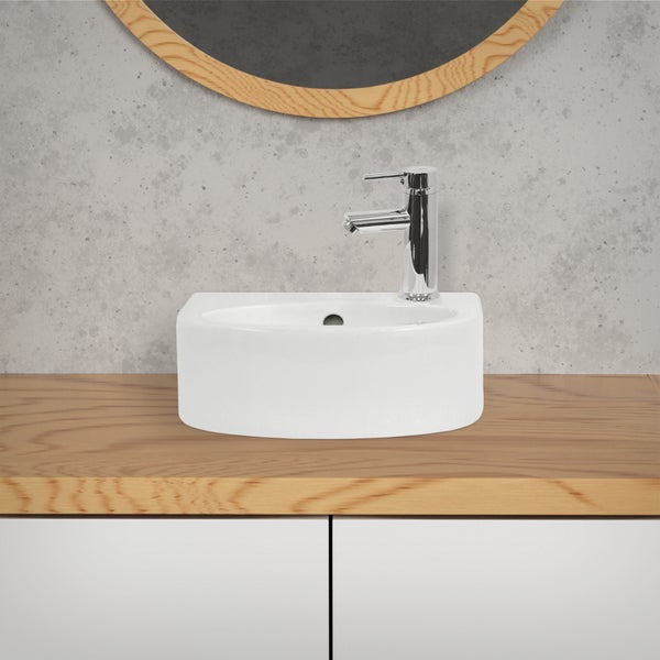 ECD Germany Waschbecken aus Keramik in Weiß 355x255x130 mm, Hahnloch rechts, Abgerundete Aufsatzbecken Aufsatzwaschbecken Handwaschbecken Aufsatzwaschtisch Badezimmer Waschtisch Waschschale Waschplatz