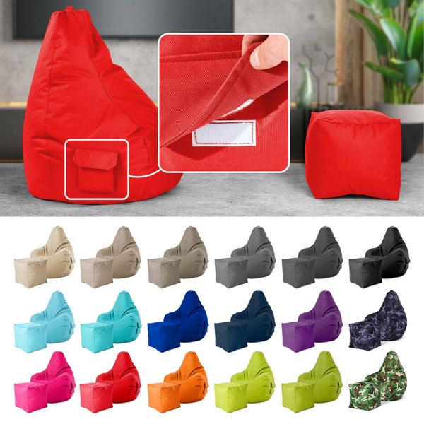 Green Bean 2er Set Sitzsack + Hocker - fertig befüllt - robust waschbar schmutzabweisend - Kinder & Erwachsene Bean Bag Bodenkissen Lounge Sitzhocker Relax-Sessel Gamer Gamingstuhl Pouf - Rot