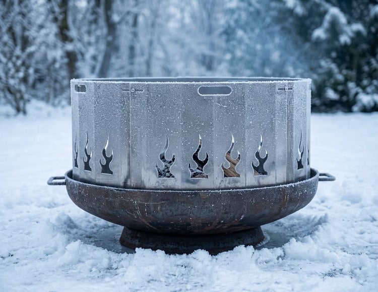 Feuerschale aus Metall mit abnehmbarem Funkenschutz und Flammenmotiv im Garten bei Schnee