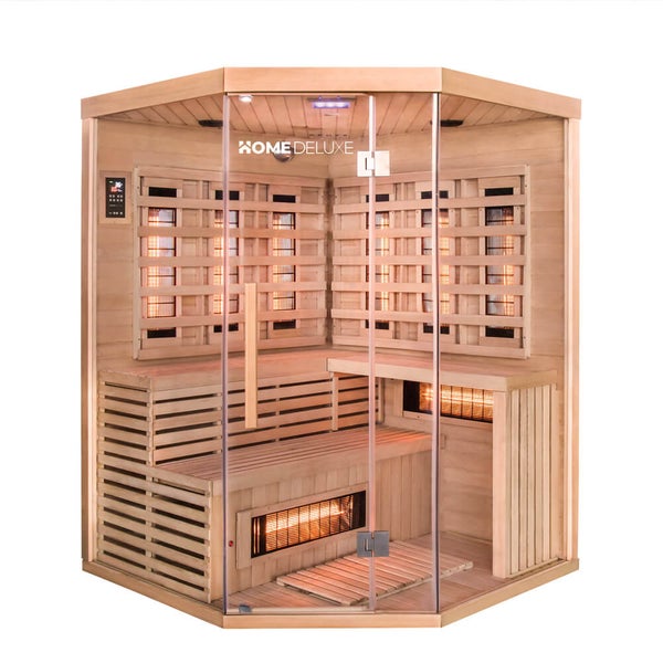 Eck Infrarotkabine aus Holz mit Glaselementen und Home Deluxe Logo ausgestattet mit Strahlern und Sitzbank.