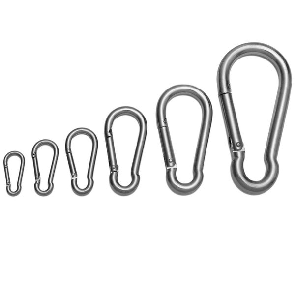 Sechs Edelstahl-Karabinerhaken in verschiedenen Größen, angeordnet von klein nach groß.