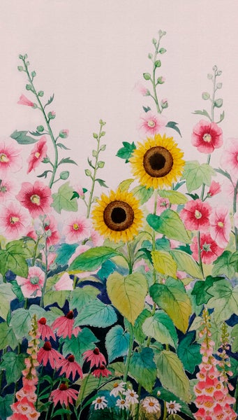 Tapete mit Aquarell-Blumenmuster aus Sonnenblumen, Stockrosen, Sonnenhut und Fingerhut mit grünem Blattwerk.