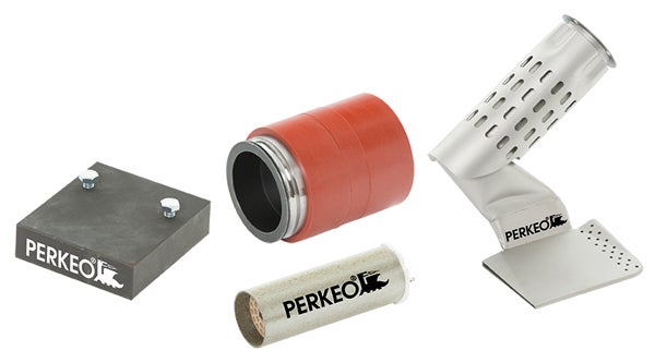 PERKEO Zubehörset für Heißluftwerkzeuge mit Breitstrahldüse, Heizelement, Silikonmuffe und Montageblock.