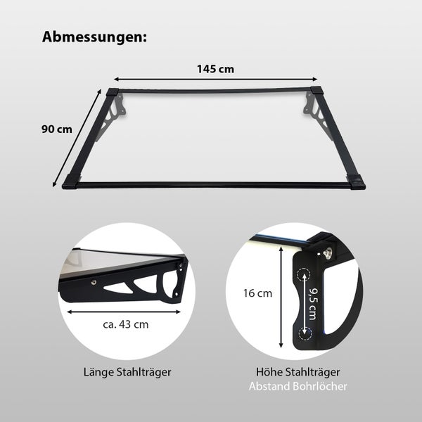 Maßzeichnung eines Vordachs mit Stahlträgern, Breite 145 Zentimeter, Tiefe 90 Zentimeter, Trägerlänge 43 Zentimeter, Bohrabstand 9,5 Zentimeter.