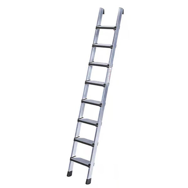 Eine Anlegeleiter aus Aluminium mit sieben Stufen und Haken am oberen Ende.