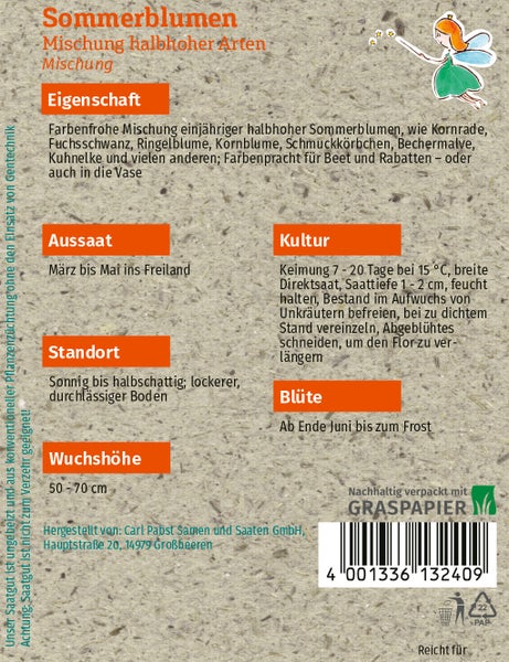 Rückseite einer Samentüte für Sommerblumen-Mischung mit Anbauanleitung zu Aussaat, Standort und Pflege auf nachhaltigem Graspapier.